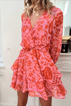 Load image into Gallery viewer, Red Floral Ruffle Layered Puff Sleeve Surplice Dress | Fashionsarah.com