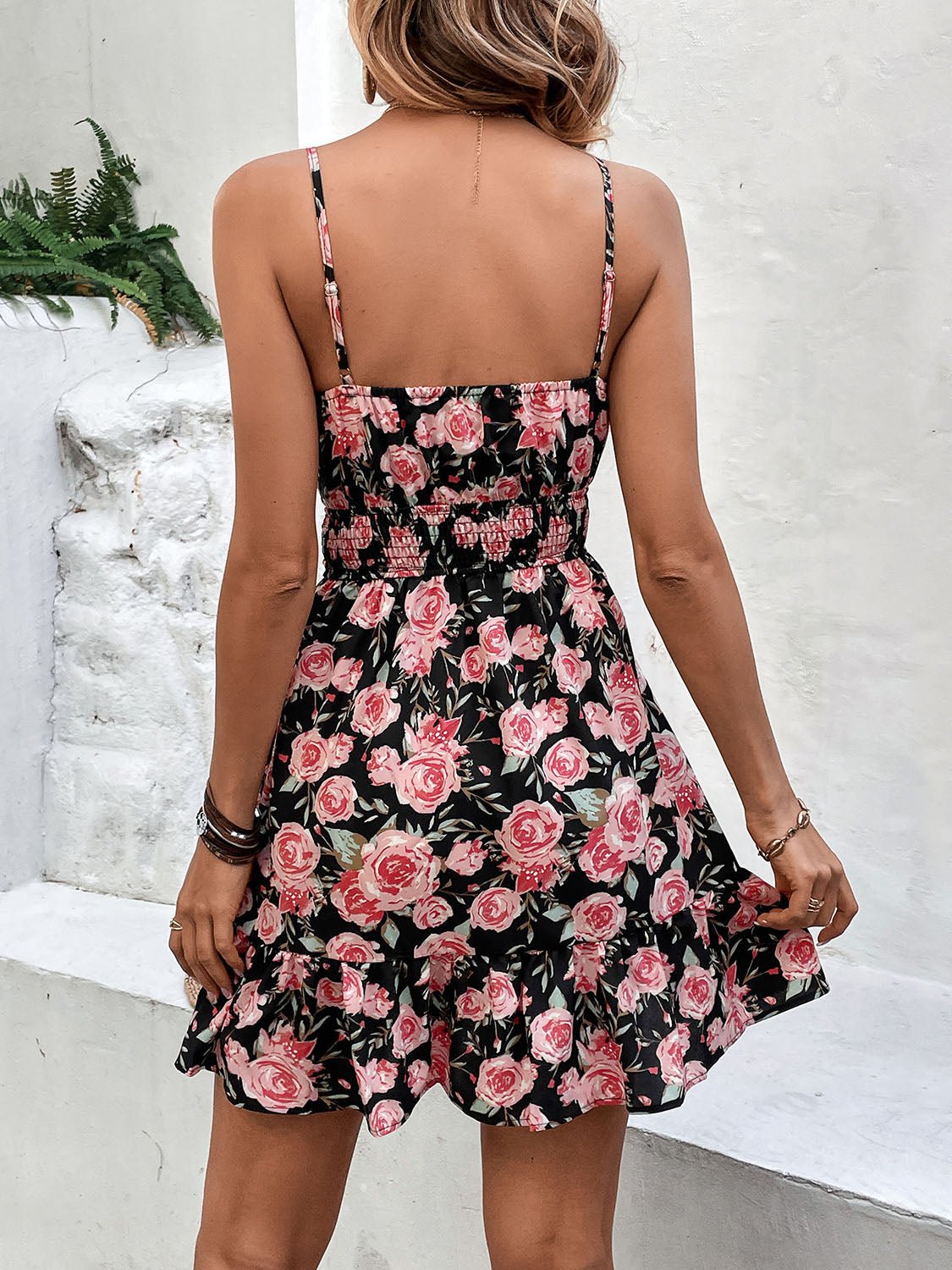 Tied Rose Print Spaghetti Strap Dress | Fashionsarah.com