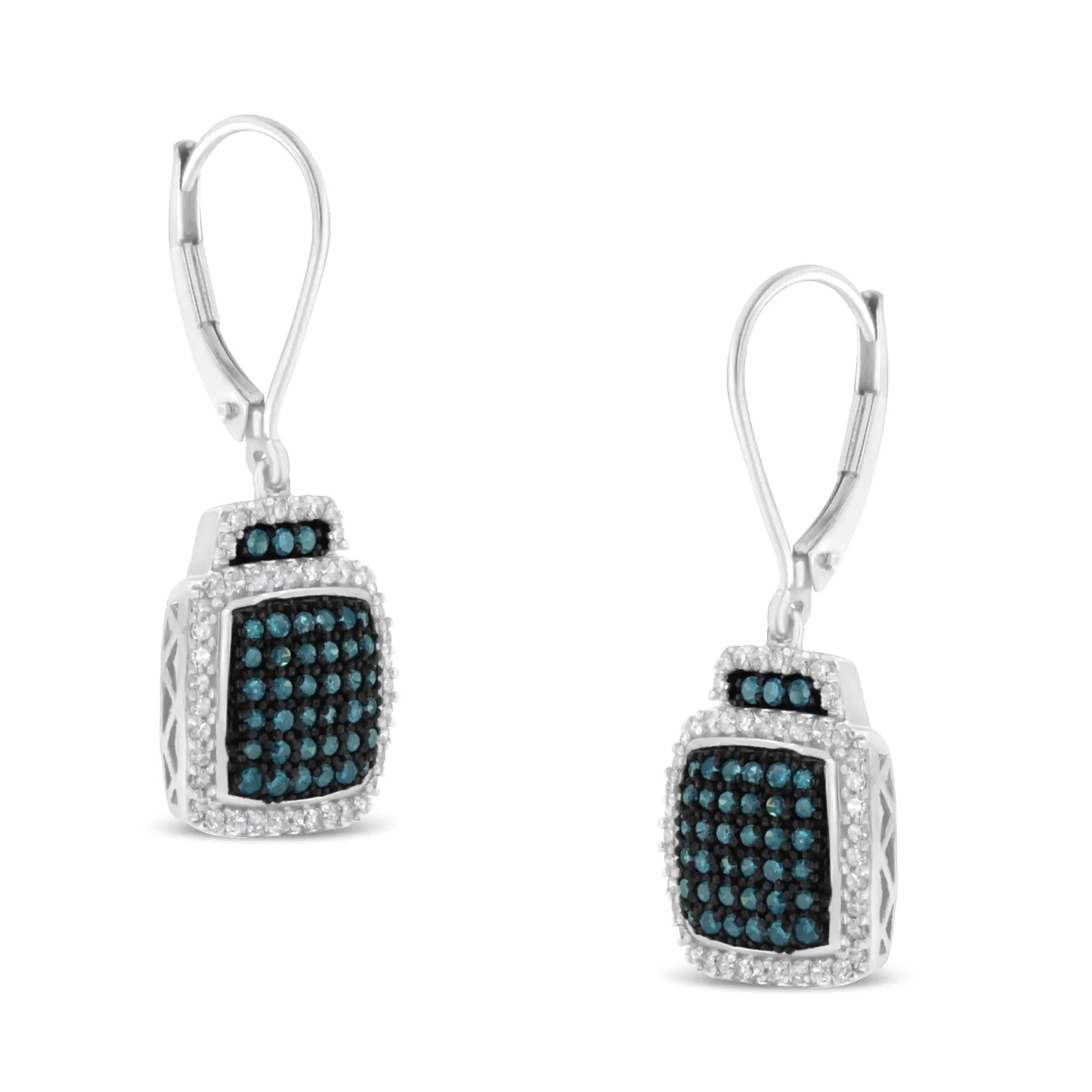 Black Rhodium over .925 Sterling Silver ¾ Cttw Blue and White Diamond Cushion Shaped Dangle Earrings (Enhanced Blue & I-J Color, I2-I3 Clarity) | Fashionsarah.com