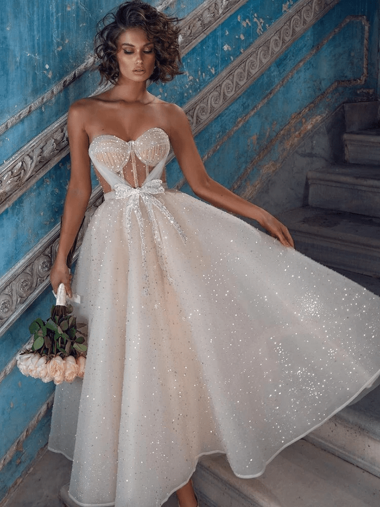 Elegant Shining Sparkle Beading Wedding Dress With Bow | Fashionsarah.com