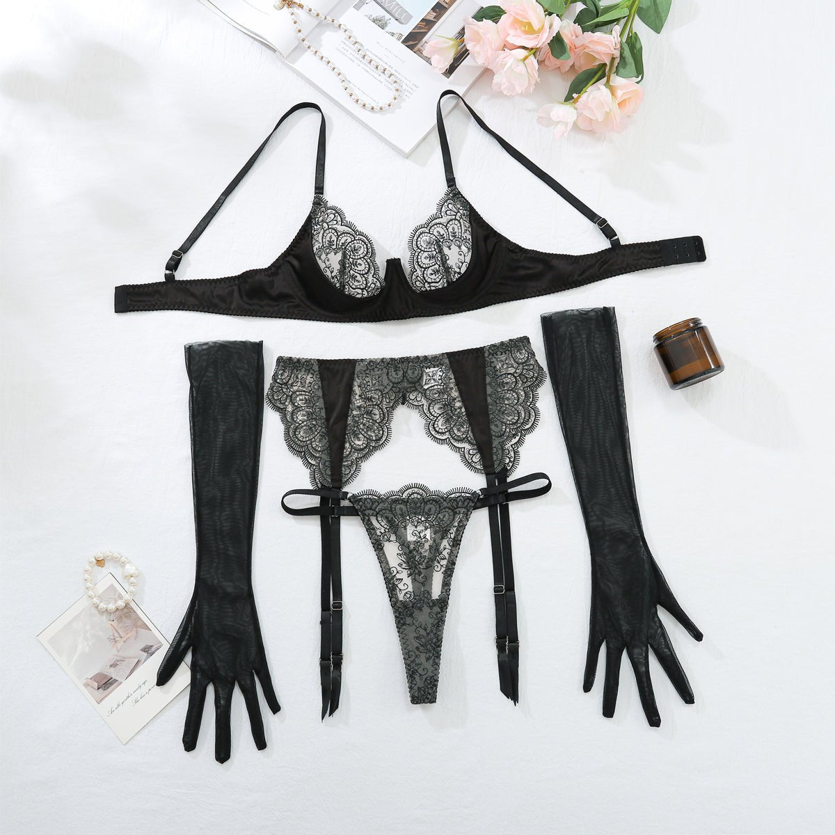 Fashionsarah.com Fashionsarah.com Embroidered Lace Lingerie Set with gloves 4pcs