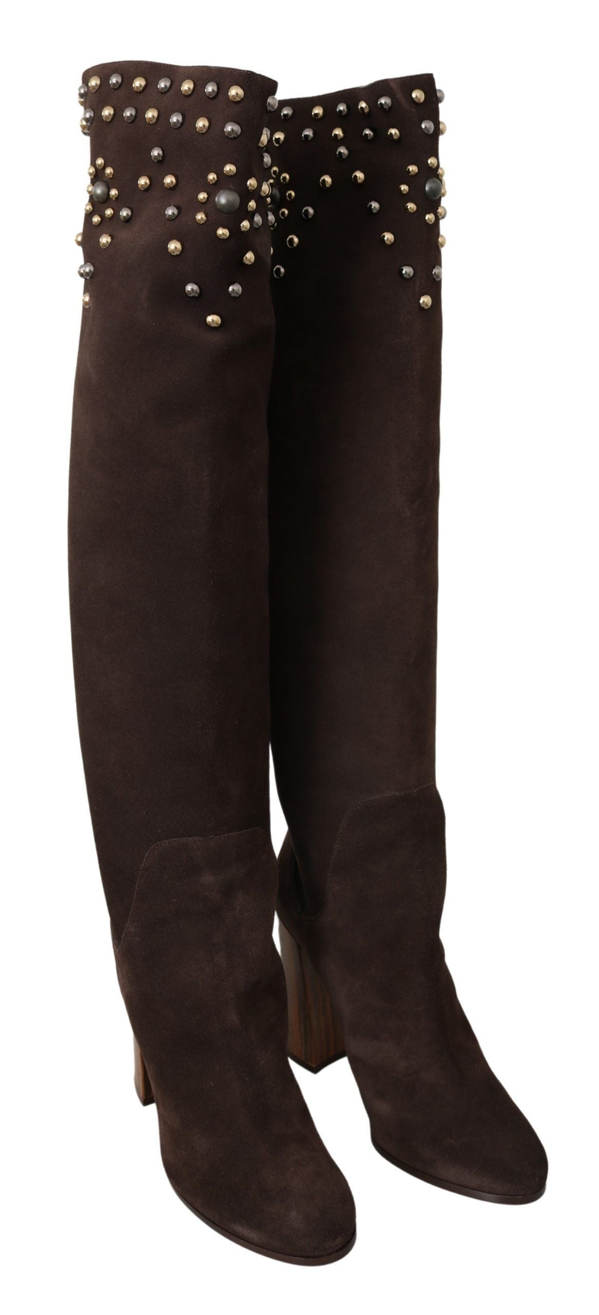 Dolce & Gabbana Brown Suede Studded Knee High Shoes Boots | Fashionsarah.com