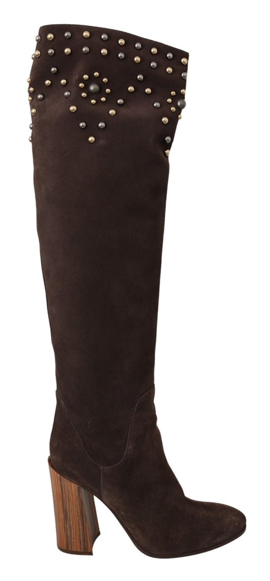 Dolce & Gabbana Brown Suede Studded Knee High Shoes Boots | Fashionsarah.com