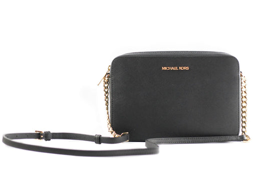 Michael Kors Jet Set Large East West Saffiano Leather Crossbody Bag Handbag (Black Solid/Gold Hardware) | Fashionsarah.com