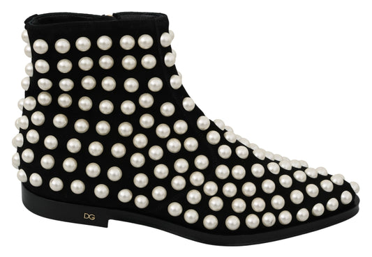 Dolce & Gabbana Black Suede Pearl Studs boots | Fashionsarah.com