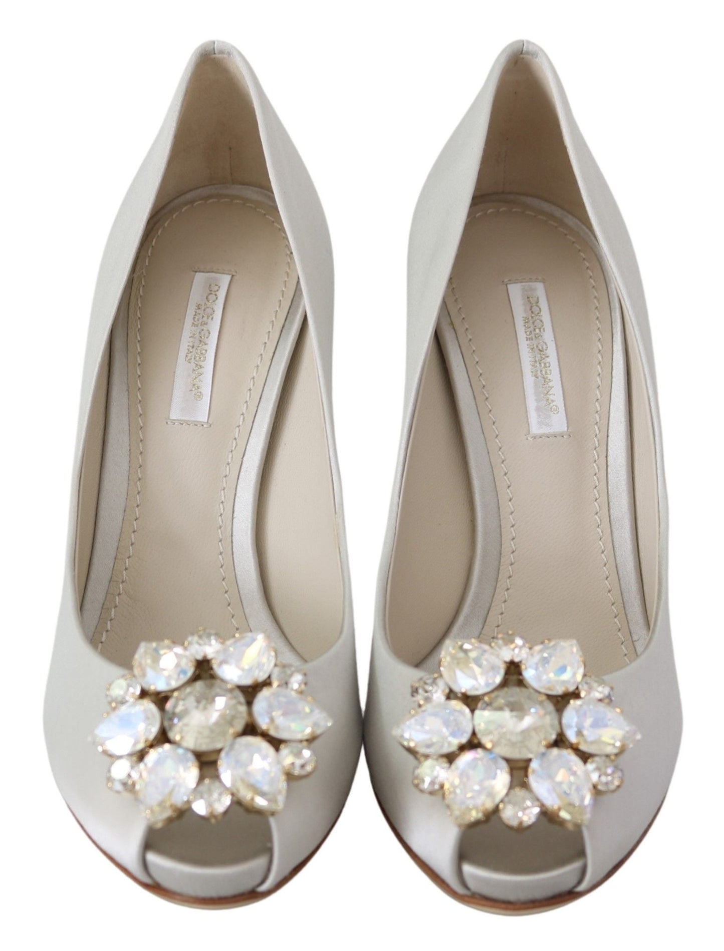 Dolce & Gabbana White Crystals Peep Toe Satin Pumps | Fashionsarah.com