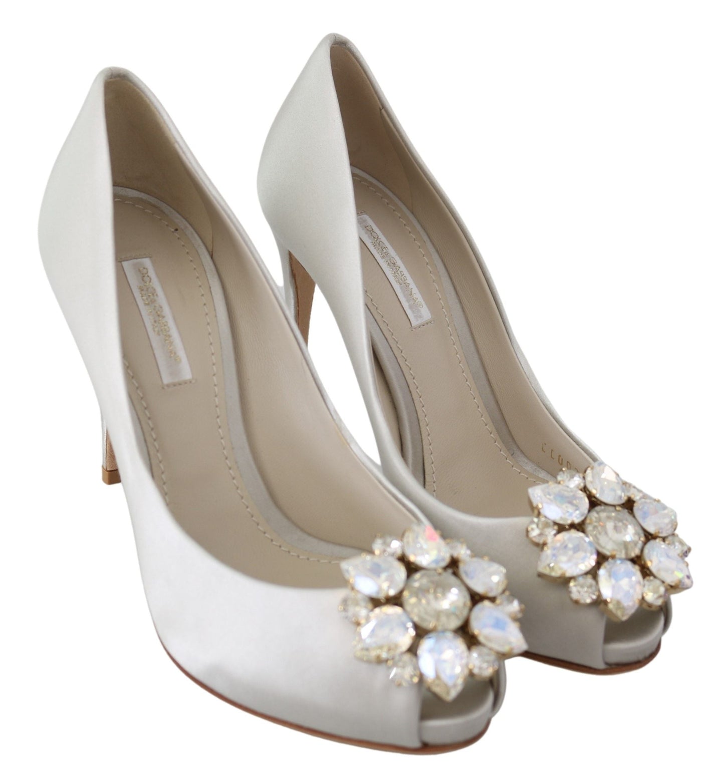 Dolce & Gabbana White Crystals Peep Toe Satin Pumps | Fashionsarah.com