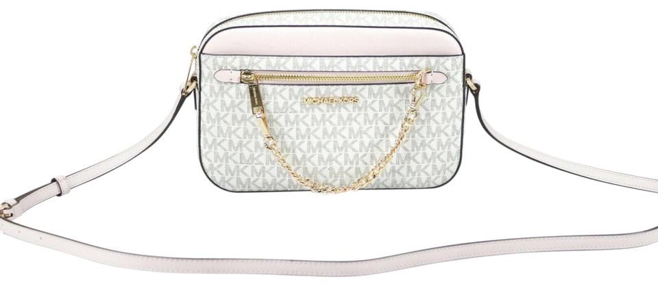 Michael Kors Jet Set Item Large East West Signature Leather Zip Chain Crossbody Handbag (Vanilla PVC/Powder Blush) | Fashionsarah.com