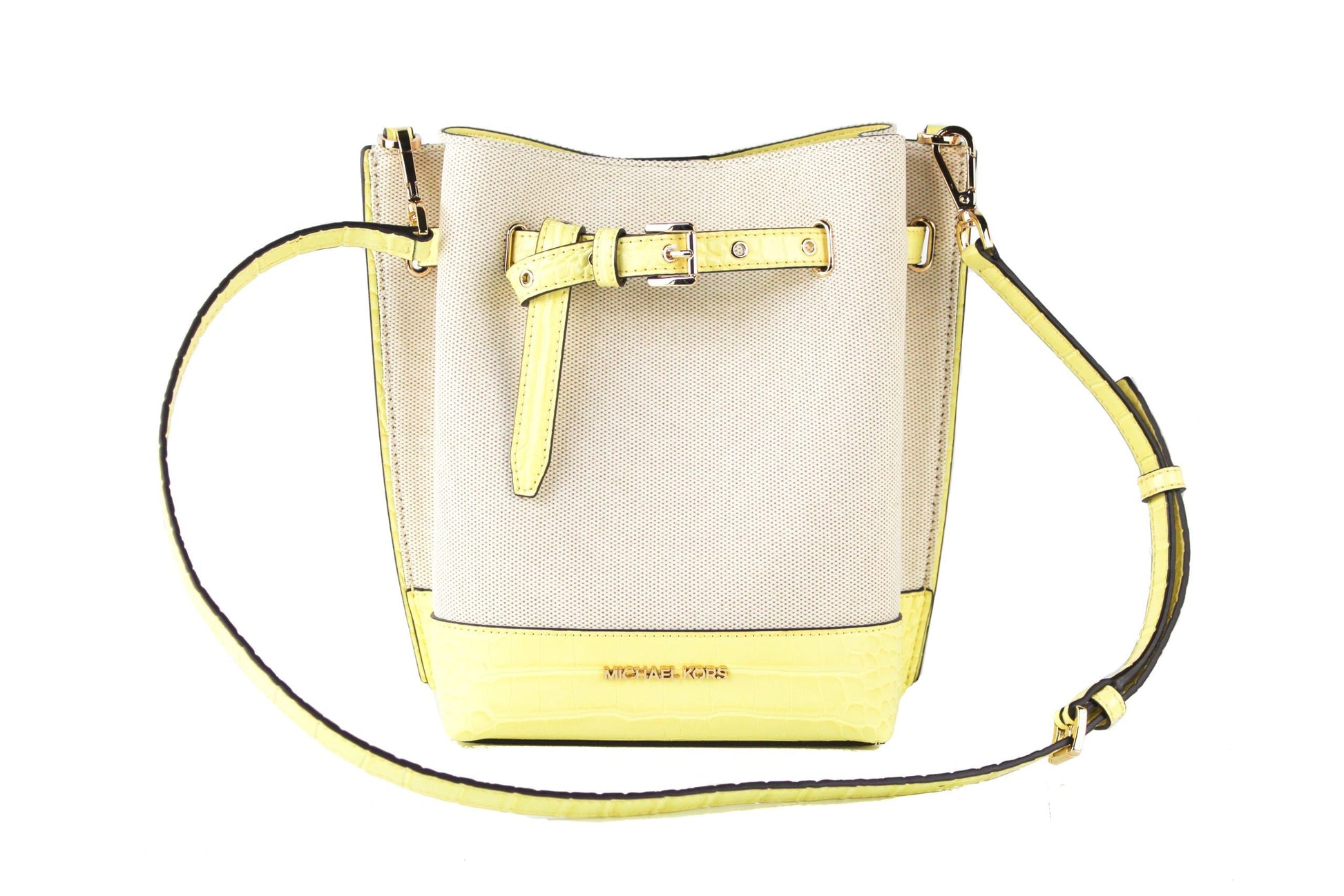 Michael Kors Emilia Small Canvas Snakeskin Print Leather Bucket Bag Messenger Crossbody Handbag (Buttercup) | Fashionsarah.com