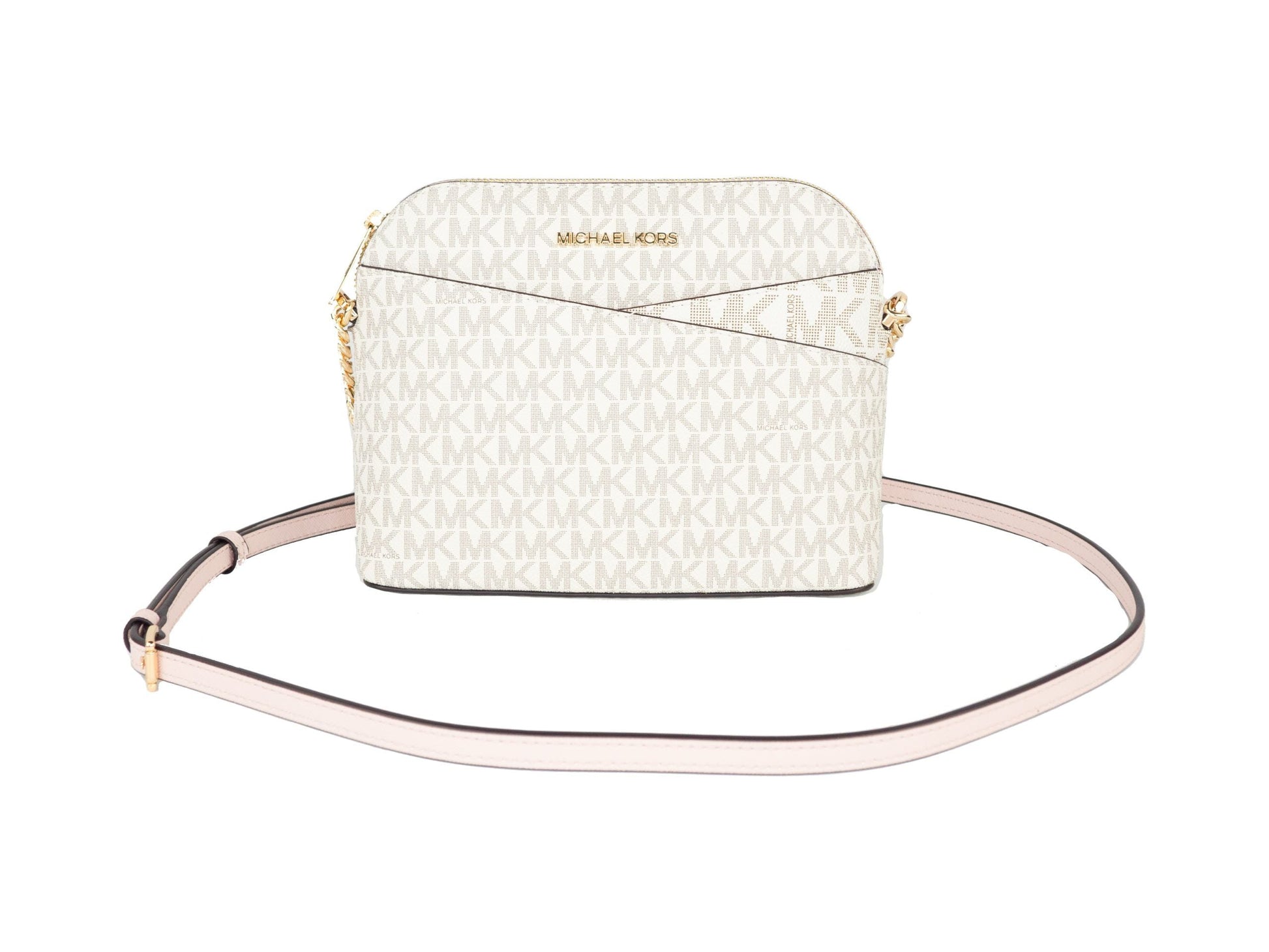 Michael Kors Jet Set Travel Medium Leather X Cross Dome Crossbody Handbag (Vanilla Signature/Powder Blush) | Fashionsarah.com