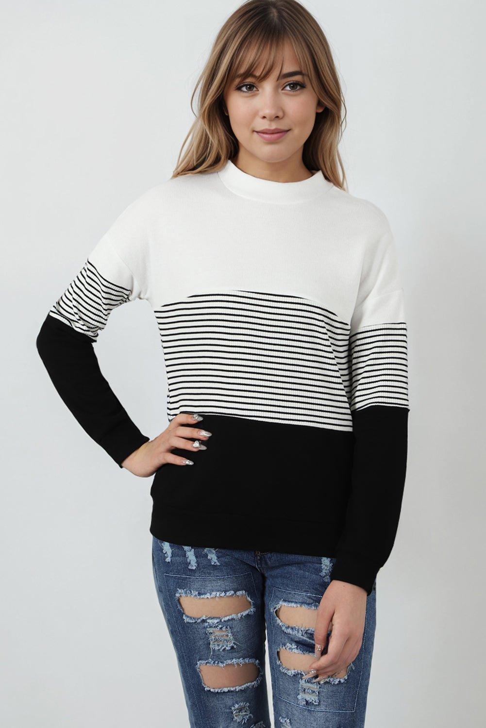 Black Striped Contrast Colorblock Knit Top | Fashionsarah.com