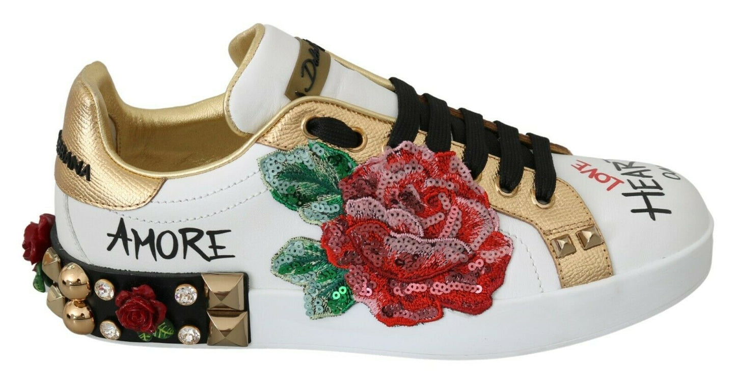 Dolce & Gabbana White Roses Sequined Crystal Womens Sneakers Shoes | Fashionsarah.com