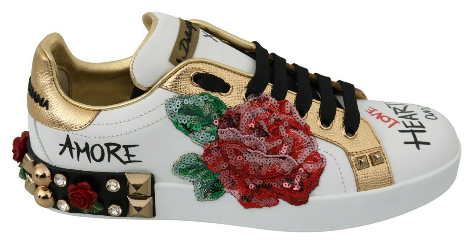 Dolce & Gabbana White Roses Sequined Crystal Womens Sneakers Shoes | Fashionsarah.com