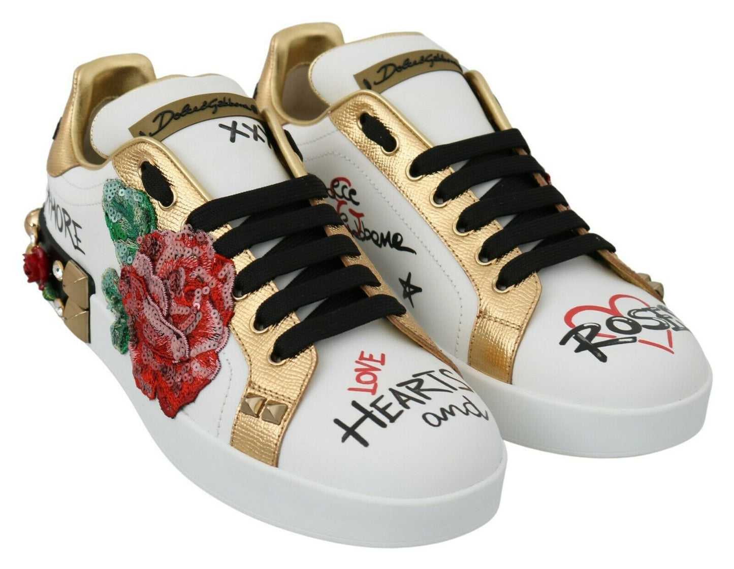 Dolce & Gabbana White Roses Sequined Crystal Womens Sneakers Shoes | Fashionsarah.com