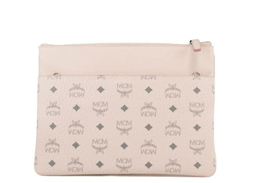 MCM Portuna Medium Visetos Powder Pink Coated Canvas Flat Pouch Crossbody Bag | Fashionsarah.com