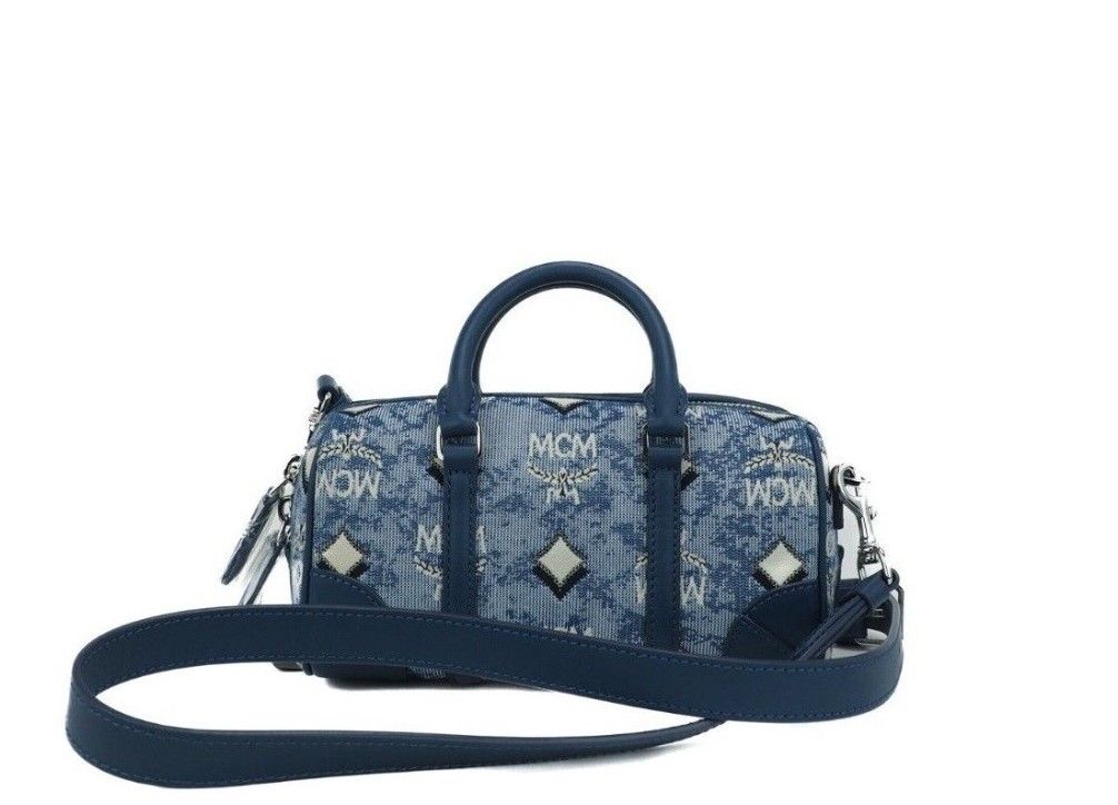 MCM Boston Mini Blue Vintage Jacquard Logo Fabric Satchel Crossbody Handbag | Fashionsarah.com