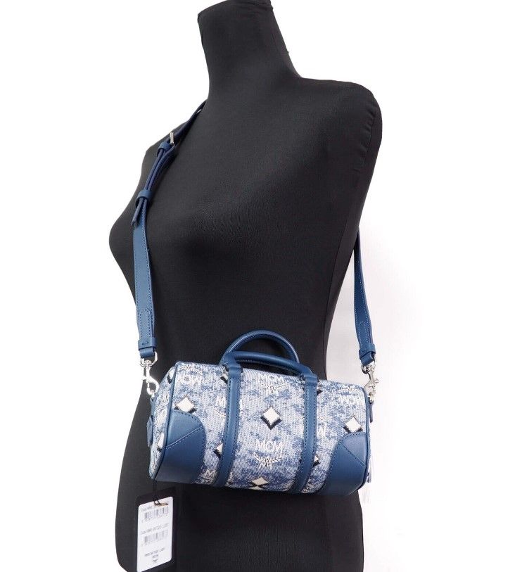 MCM Boston Mini Blue Vintage Jacquard Logo Fabric Satchel Crossbody Handbag | Fashionsarah.com