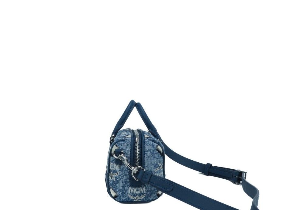 MCM Boston Mini Blue Vintage Jacquard Logo Fabric Satchel Crossbody Handbag | Fashionsarah.com