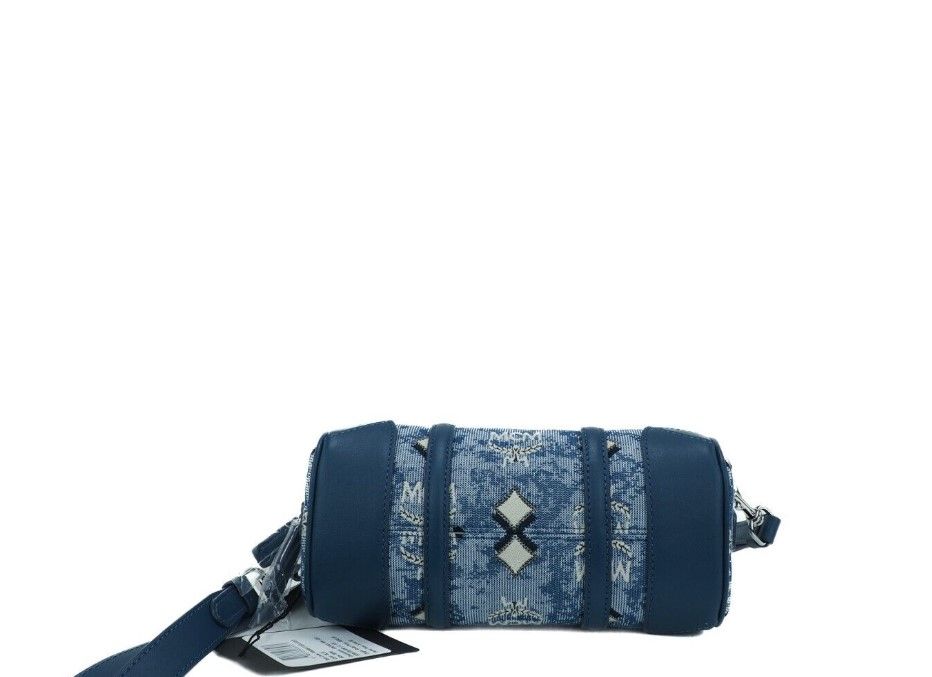 MCM Boston Mini Blue Vintage Jacquard Logo Fabric Satchel Crossbody Handbag | Fashionsarah.com