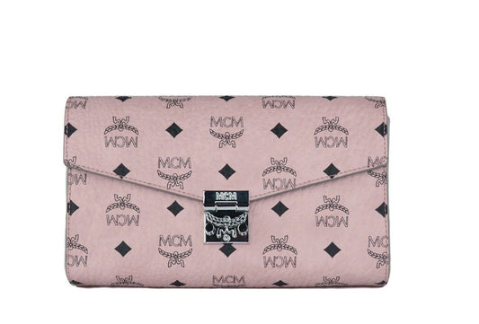 MCM Medium Soft Pink Signature Diamond Logo Leather Clutch Crossbody Handbag | Fashionsarah.com