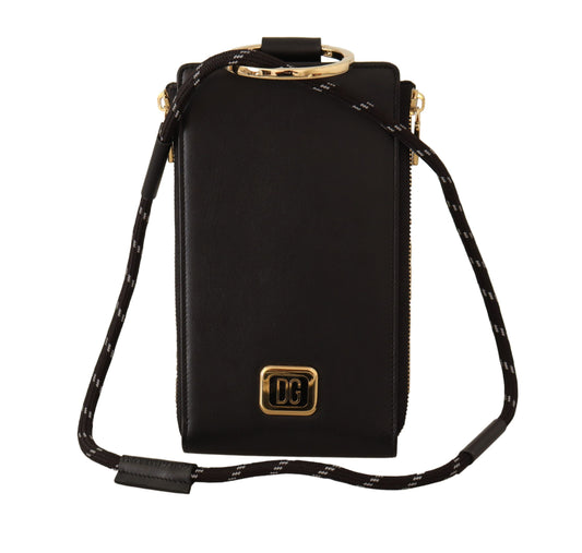 Dolce & Gabbana Black Leather Logo Plaque Neck Strap Card Coin Wallet | Fashionsarah.com