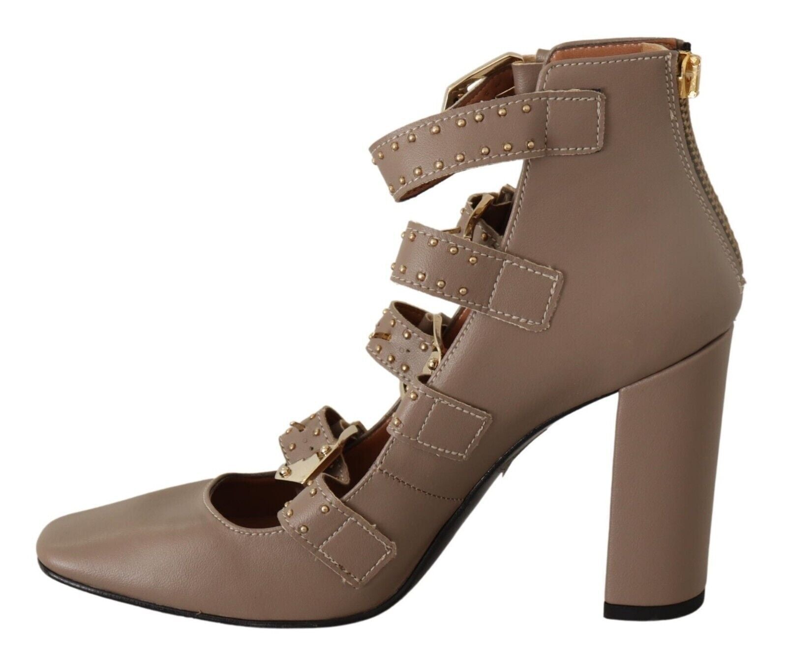 MY TWIN Brown Leather Block Heels Multi Buckle Pumps Shoes | Fashionsarah.com