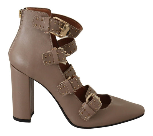 MY TWIN Brown Leather Block Heels Multi Buckle Pumps Shoes | Fashionsarah.com