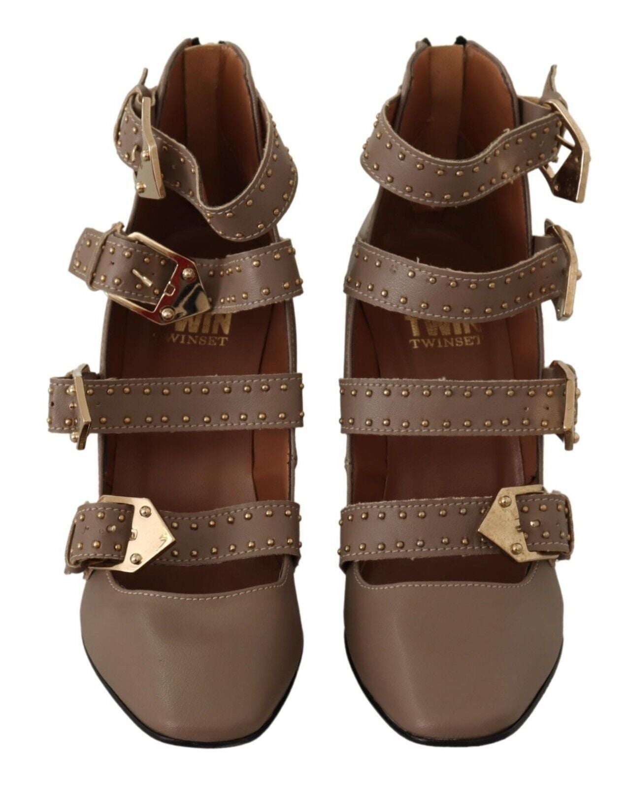 MY TWIN Brown Leather Block Heels Multi Buckle Pumps Shoes | Fashionsarah.com