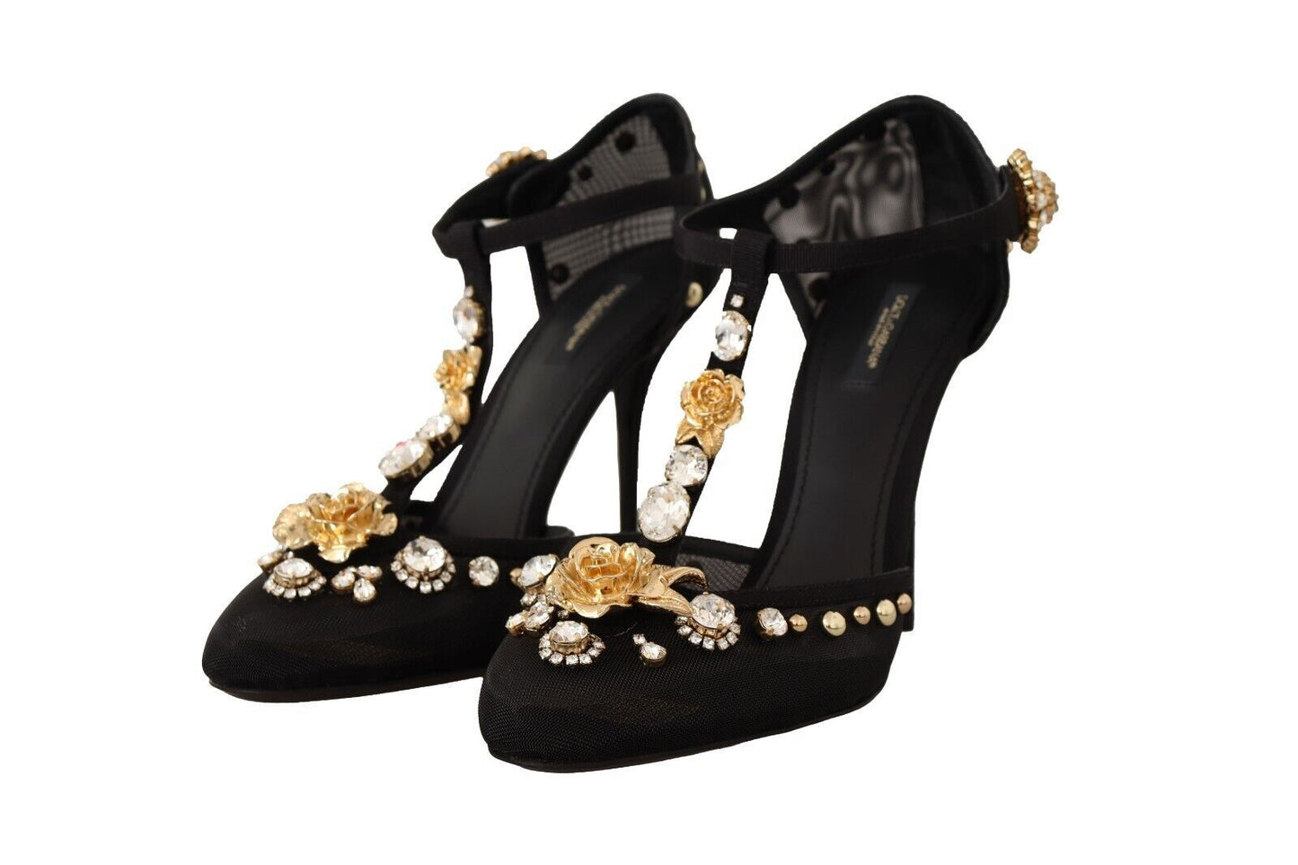 Dolce & Gabbana Black Mesh Crystals T-strap Heels Pumps Shoes | Fashionsarah.com