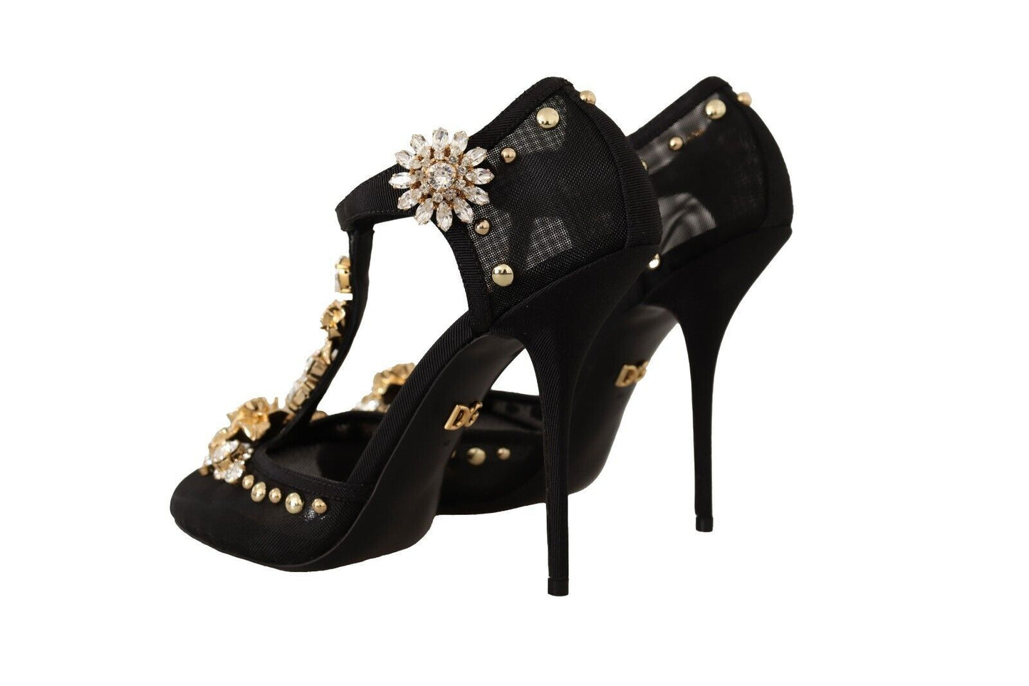 Dolce & Gabbana Black Mesh Crystals T-strap Heels Pumps Shoes | Fashionsarah.com