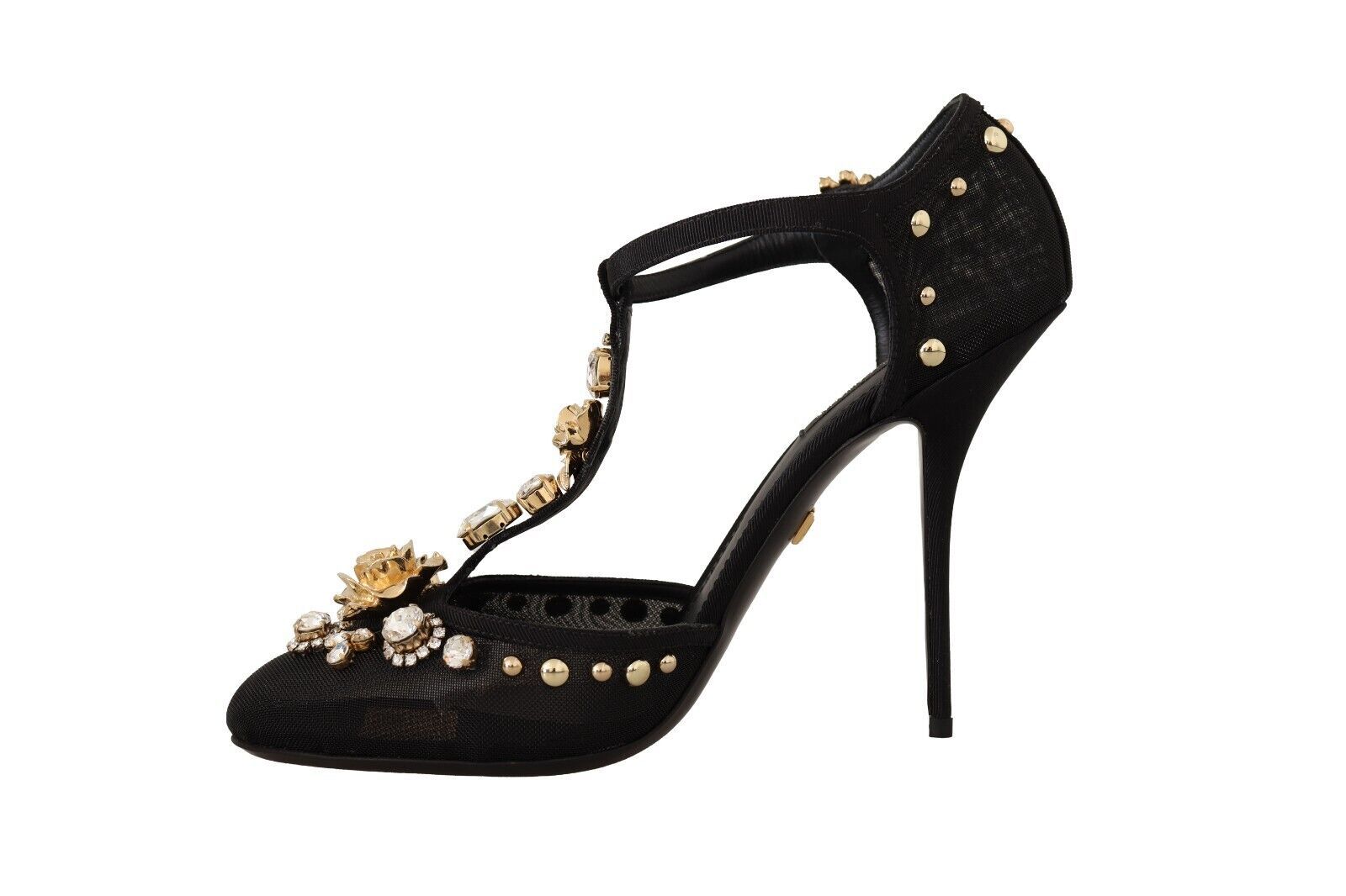 Dolce & Gabbana Black Mesh Crystals T-strap Heels Pumps Shoes | Fashionsarah.com