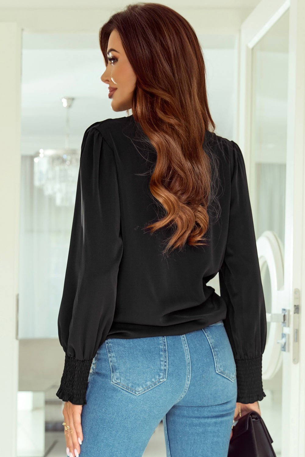 Black Solid Surplice Neck Shirred Cuffs Draped Blouse | Fashionsarah.com