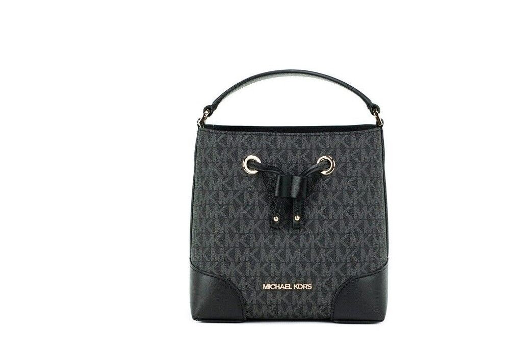 Michael Kors Mercer Small Black Signature Leather Bucket Crossbody Handbag | Fashionsarah.com