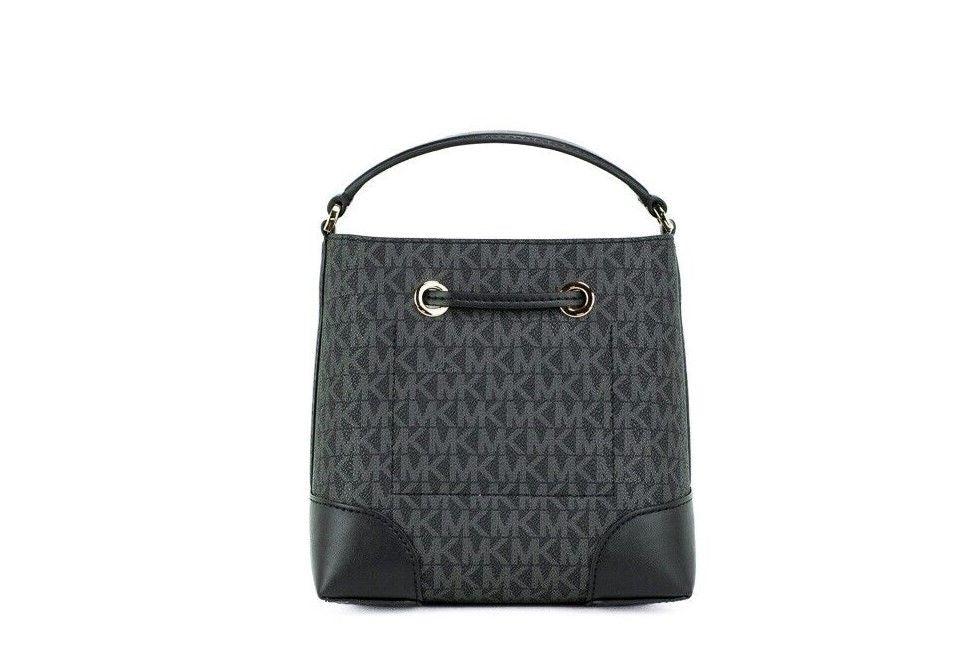 Michael Kors Mercer Small Black Signature Leather Bucket Crossbody Handbag | Fashionsarah.com