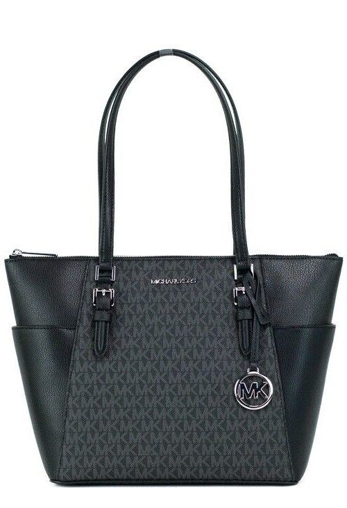 Michael Kors Charlotte Black PVC Leather Large Top Zip Tote Handbag | Fashionsarah.com