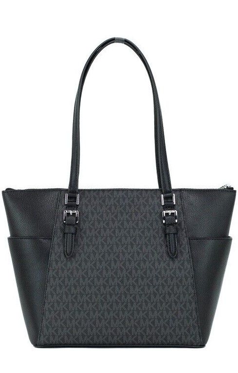 Michael Kors Charlotte Black PVC Leather Large Top Zip Tote Handbag | Fashionsarah.com