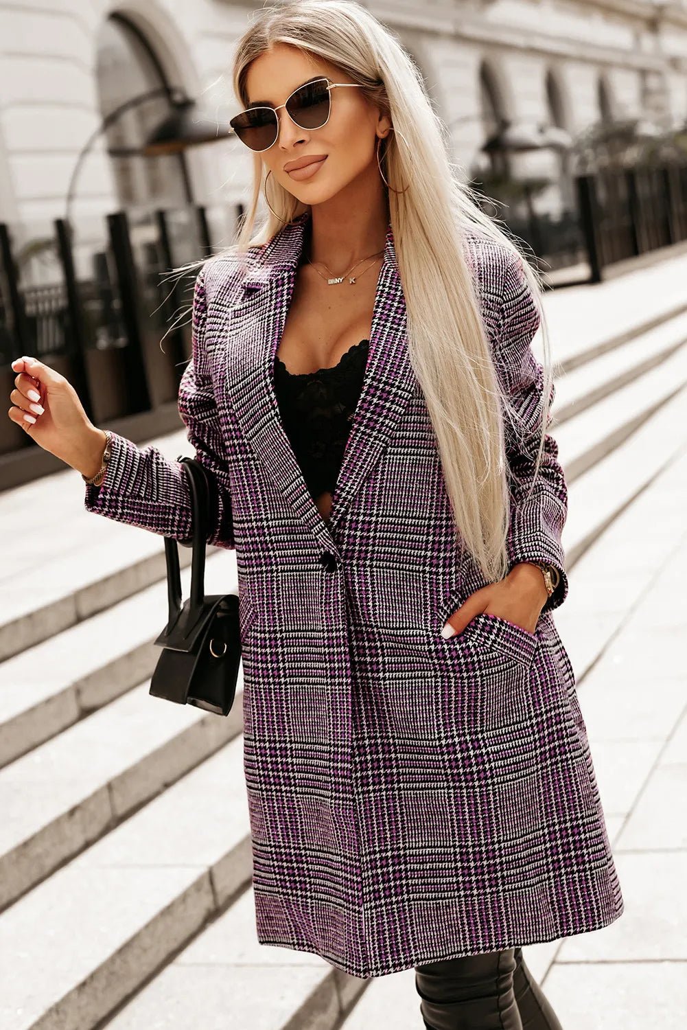 Fashionsarah.com Pink Plaid One Button Midi Coat