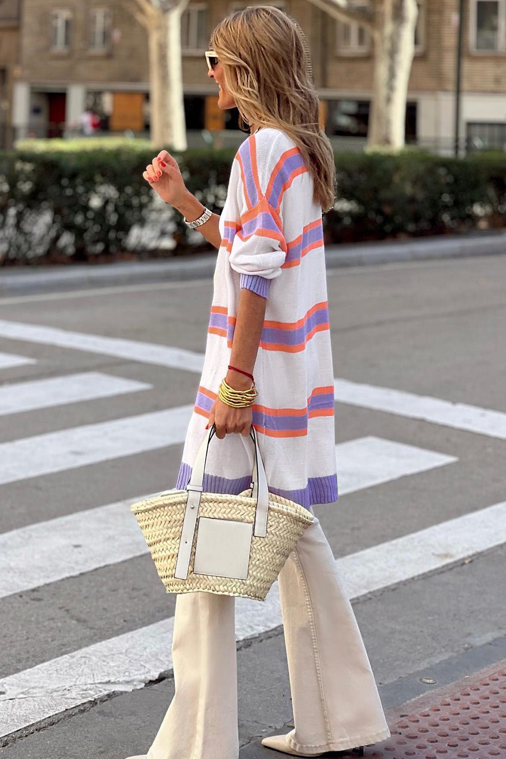 Fashionsarah.com Multicolor Striped Long Sleeve Ribbed Trim Button Cardigan