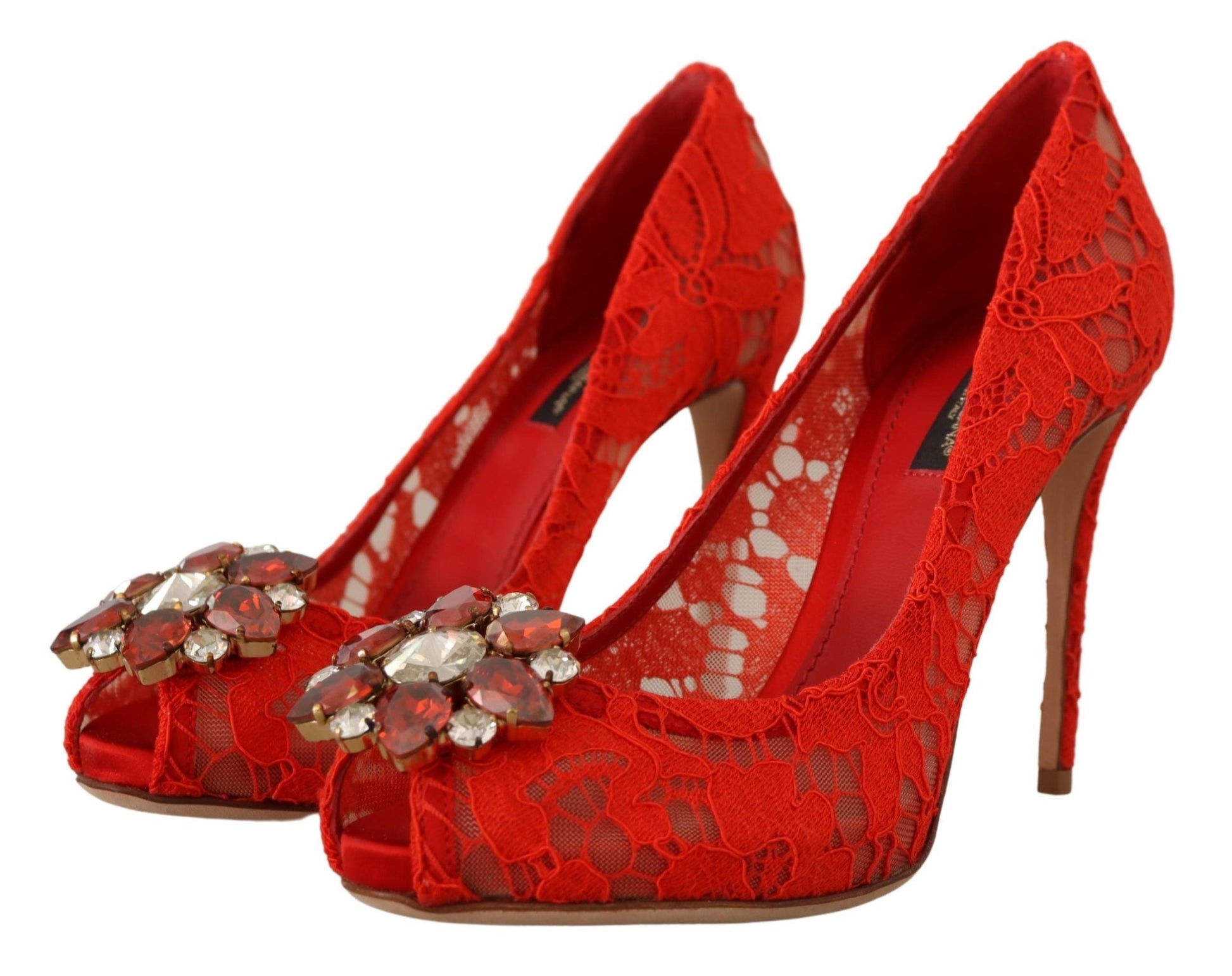 Dolce & Gabbana Red Taormina Lace Crystal Heels Pumps | Fashionsarah.com