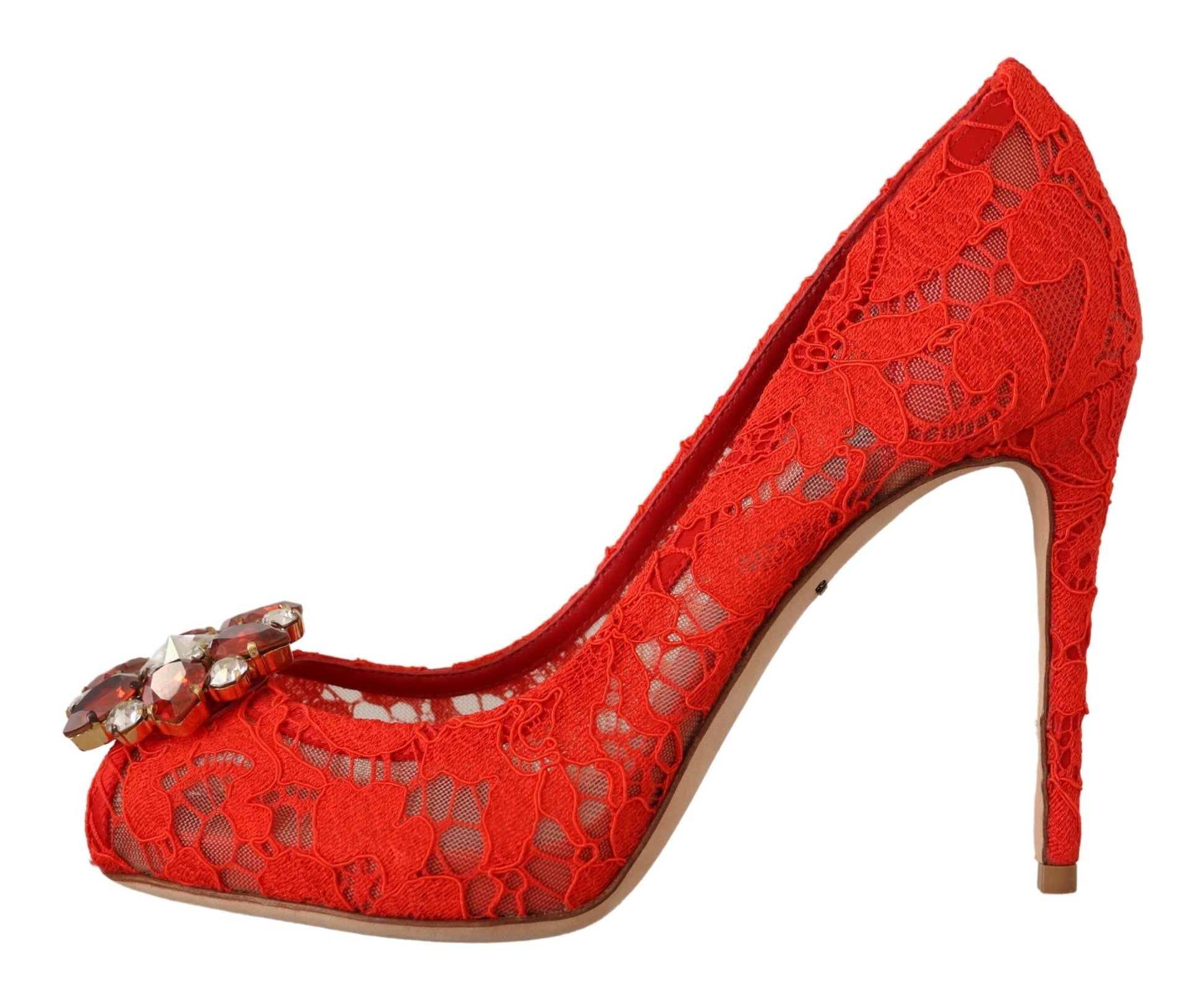 Dolce & Gabbana Red Taormina Lace Crystal Heels Pumps | Fashionsarah.com