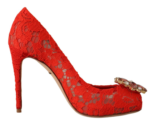 Dolce & Gabbana Red Taormina Lace Crystal Heels Pumps | Fashionsarah.com