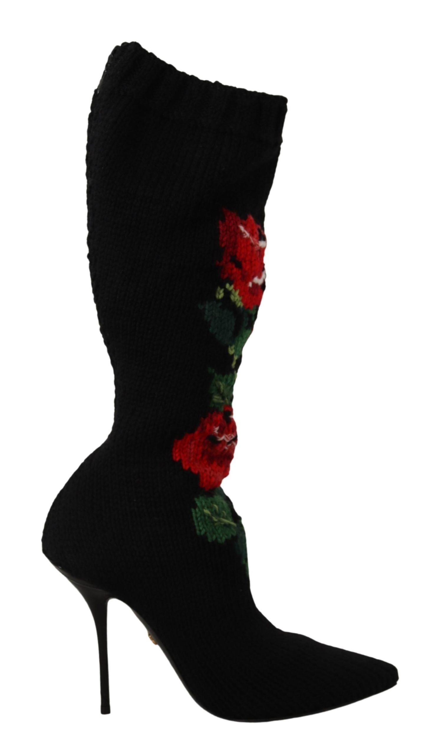 Dolce & Gabbana Black Stretch Socks Red Roses Boots | Fashionsarah.com