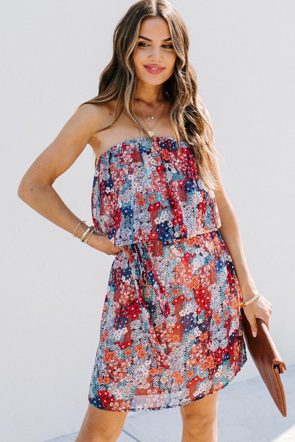 Fashionsarah.com Red Floral Print Tiered Ruffled Bandeau Mini Dress