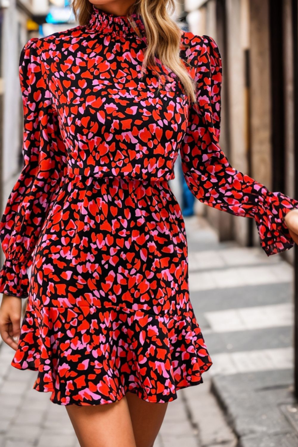 Heart Printed Mock Neck Flounce Sleeve Dress | Fashionsarah.com