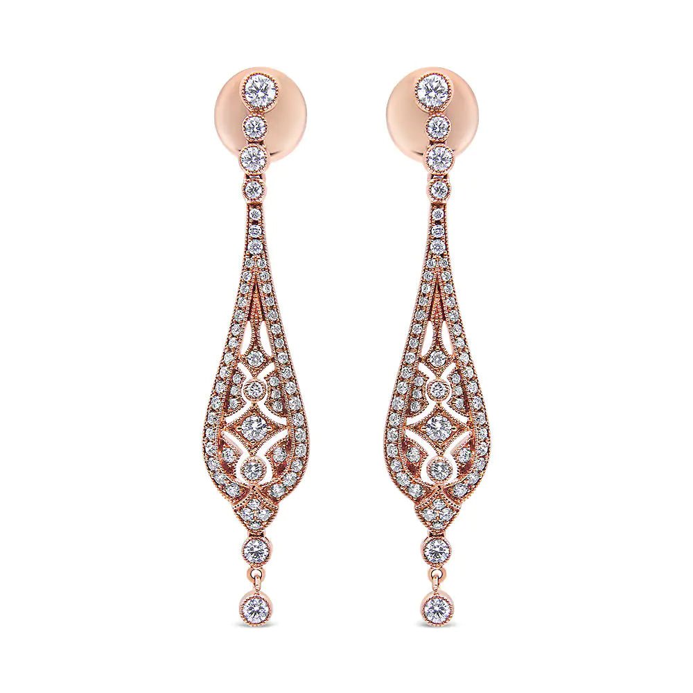 18K Rose Gold 1 3/4 Cttw Diamond Milgrain Edged Vintage Art Deco Style Drop and Dangle Earring (F-G Color, VS1-VS2 Clarity) | Fashionsarah.com