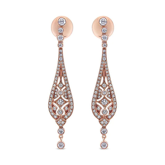 18K Rose Gold 1 3/4 Cttw Diamond Milgrain Edged Vintage Art Deco Style Drop and Dangle Earring (F-G Color, VS1-VS2 Clarity) | Fashionsarah.com