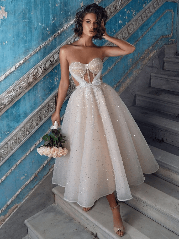 Elegant Shining Sparkle Beading Wedding Dress With Bow | Fashionsarah.com