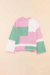 Pink Colorblock Drop Shoulder Bell Sleeve Sweater | Fashionsarah.com
