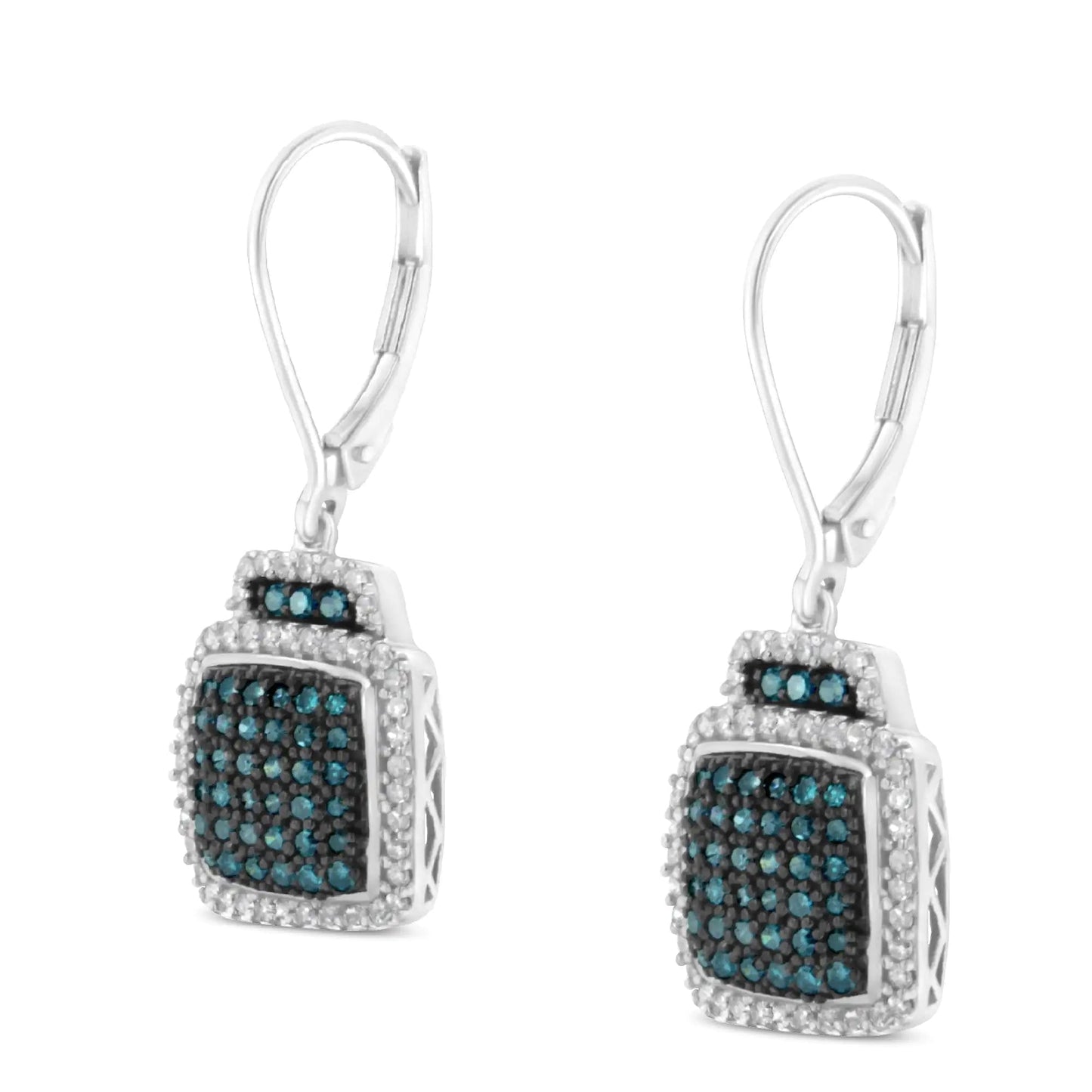 Black Rhodium over .925 Sterling Silver ¾ Cttw Blue and White Diamond Cushion Shaped Dangle Earrings (Enhanced Blue & I-J Color, I2-I3 Clarity) | Fashionsarah.com