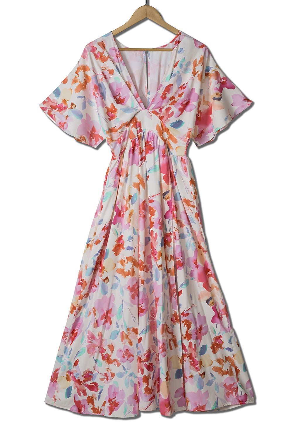 Fashionsarah.com Tropical Floral Ruched V Neck Maxi Dress